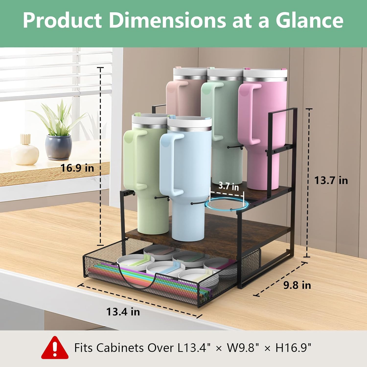 Water Bottle Organizer for Stanley, 3-Tier Tumbler Organizer Rack with Storage Basket for Cup Accessories, Stanley Cup Holder for Kitchen Counter or Cabinet